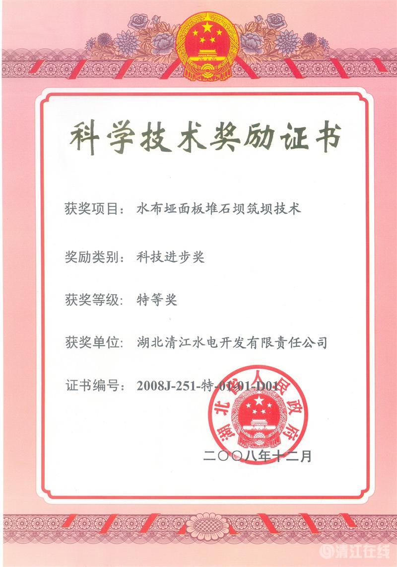 2008年12月，“水布垭面板堆石坝筑坝技术”项目获湖北省人民政府科技进步特等奖